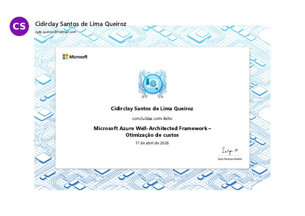 Imagem do certificado Microsoft Azure Well-Architected Framework –Otimização de custos