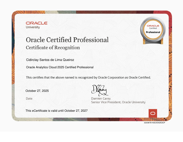 Imagem do certificado Oracle Analytics Cloud 2025 Certified Professional
