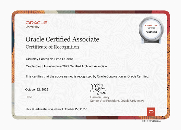 Imagem do certificado Oracle Cloud Infrastructure 2025 Certified Architect Associate