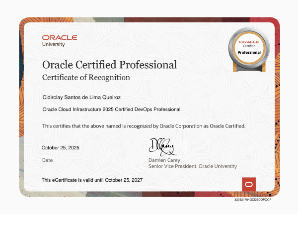 Imagem do certificado Oracle Cloud Infrastructure 2025 Certified Devops Professional