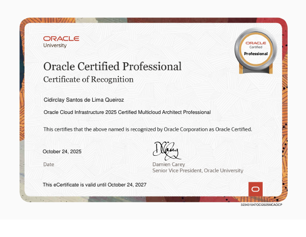 Imagem do certificado Oracle Cloud Infrastructure 2025 Certified Multicloud Architect Professional