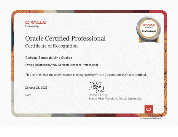 Imagem do certificado Oracle Database@Aws Certified Architect Professional
