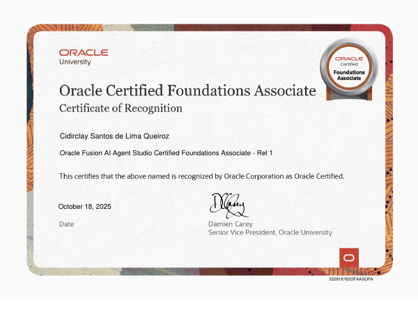 Imagem do certificado Oracle Fusion Ai Agent Studio Certified Foundations Associate Rel 1