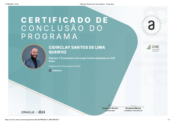 Imagem do certificado Tech Advanced - One Oracle Next Education